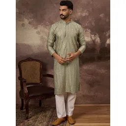 House of Pataudi Geometric Embroidered Mandarin Collar Sequinned Straight Kurta-picture-24