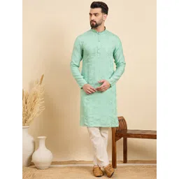 House of Pataudi Geometric Embroidered Sequinned Mandarin Collar Chanderi Silk Kurta-picture-11