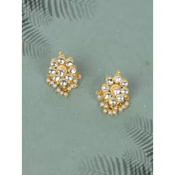 House of Pataudi Gold-Plated Kundan Studded And Beaded Contemporary Shaped Drop Earrings-image-47