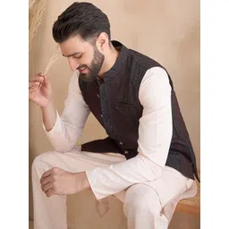 House of Pataudi Jacquard Woven Design Mandarin Collar Nehru Jacket-picture-39