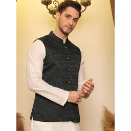 House of Pataudi Jacquard Woven Design Nehru Jacket-image-7