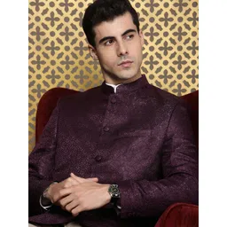 House of Pataudi Jashn Mandarin Collar Ethnic Motifs Woven Design Bandhgala Blazer-picture-18