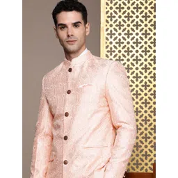 House of Pataudi Jashn Mandarin Collar Ethnic Motifs Woven Design Bandhgala Blazer-picture-19
