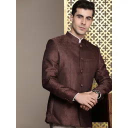 House of Pataudi Jashn Mandarin Collar Ethnic Motifs Woven Design Bandhgala Blazer-picture-17