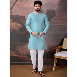 House of Pataudi Mandarin Collar Mirror Work Jacquard Straight Kurta-picture-34