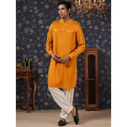 House of Pataudi Mandarin Collar Striped Pathani Kurta With Pyjama-picture-21