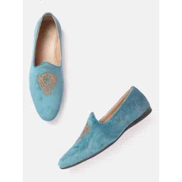 House of Pataudi Men Blue & Beige Embroidered Handcrafted Slip-Ons-picture-37