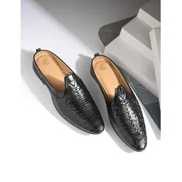 house of pataudi Men Brown Textured Leather Slip-On Loafers with Handcrafted Woven Design Mojaris For Men-picture-12