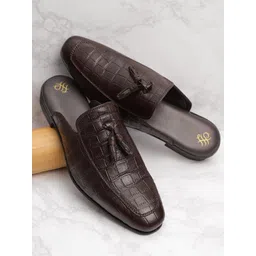 House of Pataudi Men Coffee Brown Croc Textured Tasselled Handcrafted Mules-picture-28