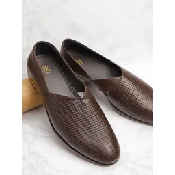 House of Pataudi Men Coffee Brown Textured Slip Ons-picture-32