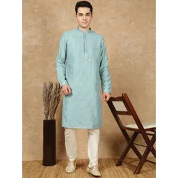 House of Pataudi Men Geometric Embroidered Festive Silk Straight Kurta-picture-29