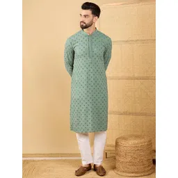 House of Pataudi Men Geometric Embroidered Mandarin Collar Straight Kurta with Trousers-picture-37
