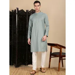 House of Pataudi Men Geometric Woven Design Mandarin Collar Straight Kurta & Trousers-picture-27