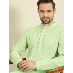House of Pataudi Men Green Chikankari Embroidered Woven Design Straight Kurta-image-25