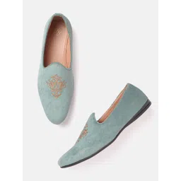 House of Pataudi Men Mint Green & Beige Embroidered Handcrafted Slip-Ons-picture-20