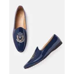 House of Pataudi Men Navy Blue Handcrafted Embroidered Patent Leather Mojaris-picture-21