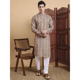 House of Pataudi Men Printed Mandarin Collar Neck Kurta-image-22