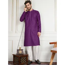 House of Pataudi Men Striped Embroidered Kurta with Trousers-picture-13