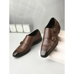 House of Pataudi Men Textured Leather Formal Monk Shoes-picture-31
