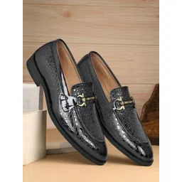 House of Pataudi Men Textured Pointed Toe Slip-On Formal Loafers-picture-11