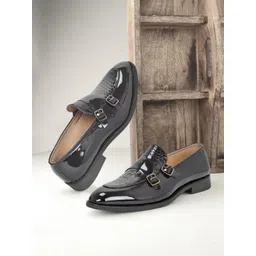 House of Pataudi Men Textured Pointed Toe Slip-On Monk Formal Shoes-picture-27