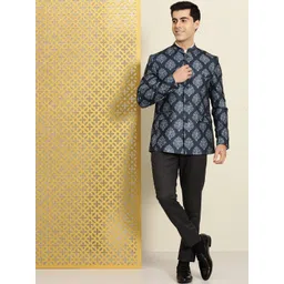 House of Pataudi Navy Blue And White Ethnic Motifs Printed Single-Breasted Jashn Blazer-picture-11