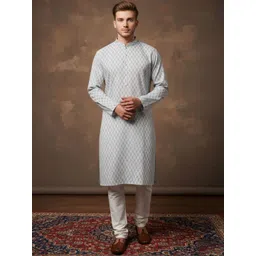 House of Pataudi Printed Cotton Mandarin Collar Knee Length Straight Kurta-picture-34