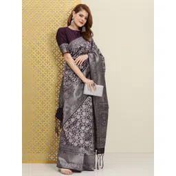 House of Pataudi Purple & Silver Woven Design Jaali Silk Blend Saree-image-31
