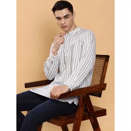 House of Pataudi Striped Cotton Mandarin Collar Above Knee Straight Kurta-picture-30