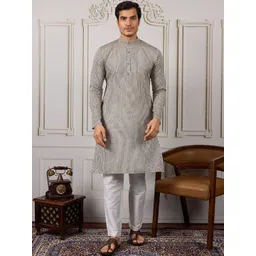 House of Pataudi Striped Mandarin Collar Straight Kurta & Trousers-image-12