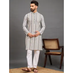 House of Pataudi Striped Mandarin Collar Straight Pure Cotton Kurta-picture-26