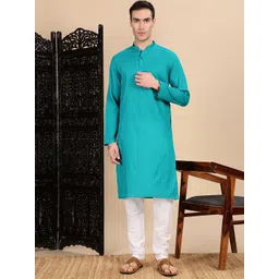 House of Pataudi Textured Mandarin Collar Cotton Straight Kurta-image-13
