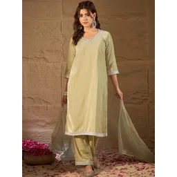 House of Pataudi V-Neck Straight Kurta With Trouser & Dupatta-image-33