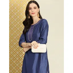 House of Pataudi Women Blue & Gold-Toned Ethnic Motifs Yoke Design Thread Work Kurta-picture-42