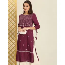 House of Pataudi Women Burgundy Floral Embroidered Thread Work Floral Kurta-picture-39