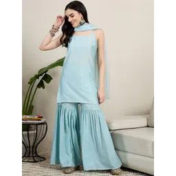 House of Pataudi Women Embroidered Regular Sequinned Kurti with Sharara & Dupatta-image-48