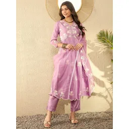 House of Pataudi Women Ethnic Motifs Embroidered A-Line Kurta with Trousers & Dupatta-picture-15