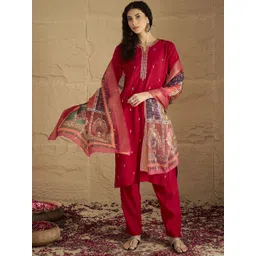 House of Pataudi Women Ethnic Motifs Embroidered Kurta with Trousers & Dupatta-picture-30