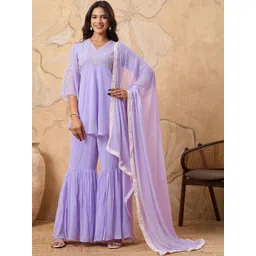 House of Pataudi Women Floral Embroidered A-Line Kurta with Sharara & Dupatta-picture-35