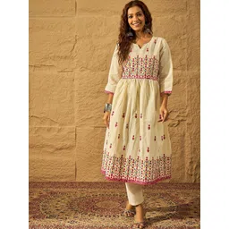 House of Pataudi Women Floral Embroidered Cotton Kurta with Trousers-picture-20