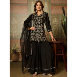 House of Pataudi Women Floral Embroidered Kurta with Sharara & Dupatta-picture-32