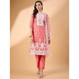 House of Pataudi Women Floral Embroidered Kurta with Trousers & Dupatta-picture-17