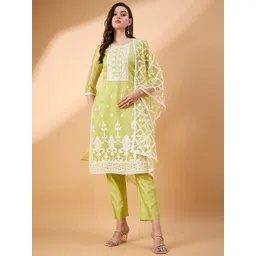 House of Pataudi Women Floral Embroidered Kurta with Trousers & Dupatta-picture-13