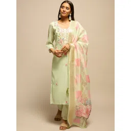 House of Pataudi Women Floral Embroidered Thread Work Kurta With Trouser & Dupatta-picture-31