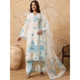 House of Pataudi Women Floral Printed V-Neck Straight Kurta with Trousers & Dupatta-picture-29