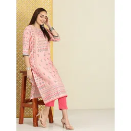 House of Pataudi Women Pink & Green Floral Printed Rozana Kurta-image-2
