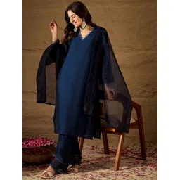 house of pataudi Women Silk Blend Kurta Pant Dupatta Set-picture-10