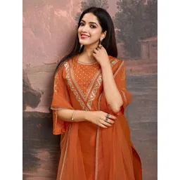 house of pataudi Women Silk Blend Kurta Pant Dupatta Set-picture-10