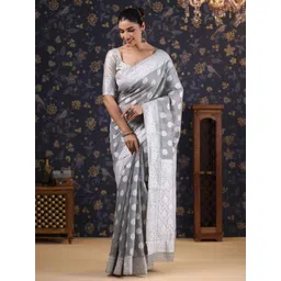 House of Pataudi Women Woven Design Pure Linen Banarasi Saree-image-4