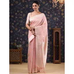 House of Pataudi Woven Design ethnic motifs pure linen Banarasi Saree-image-18